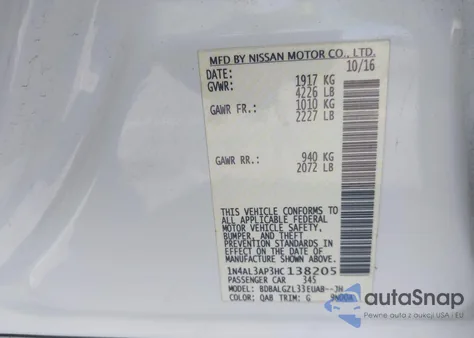 2017 Nissan Altima 2.5 S z USA, uszkodzony, nr VIN 1N4AL3AP3HC138205